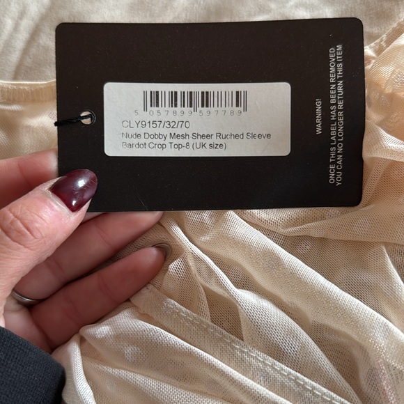 PrettyLittle Thing Mesh Crop Top Bardot Top Ruched Sleeve size 4 - Picture 8 of 10